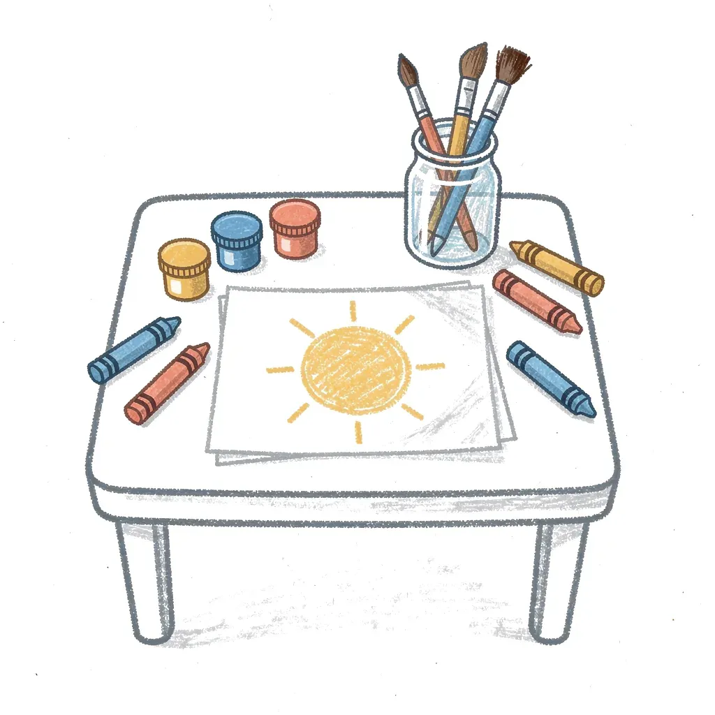 Kindertekening van een knutseltafel met verf en kwasten