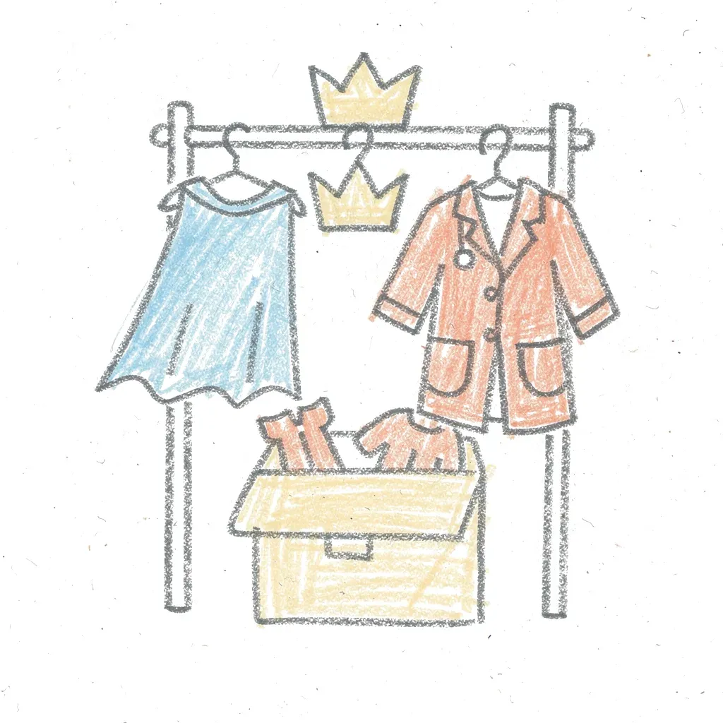 Kindertekening van een rek met een superheldencape en een kroon