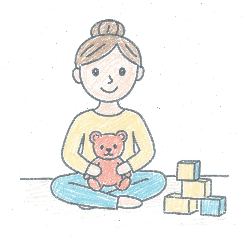 Kindertekening van een vriendelijke vrouw die op de grond zit met een teddybeer