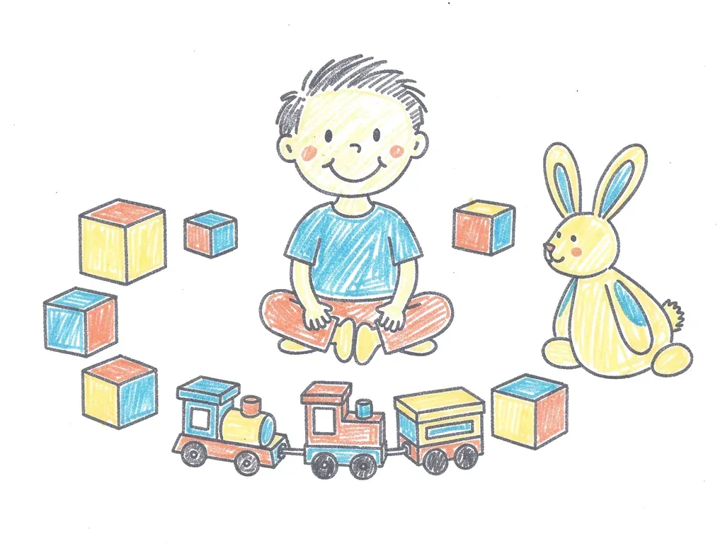 Kindertekening in kleurpotlood: een kind speelt op de grond met blokken, een treintje en een konijn