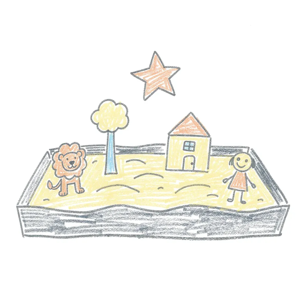 Kindertekening van een zandtafel met een leeuw, een boom en een huisje