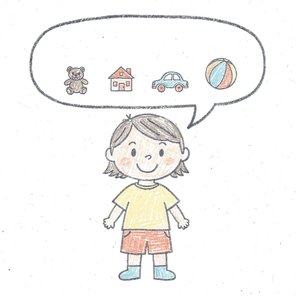 Kindertekening van een kind met een tekstballon vol speelgoed in plaats van woorden
