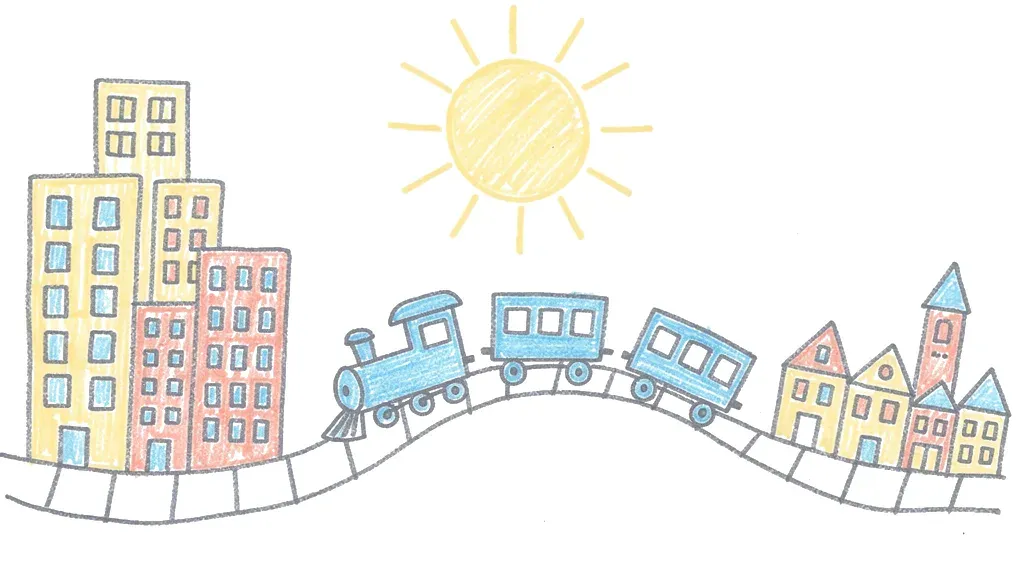 Kindertekening van een blauw treintje dat van een grote stad naar een klein stadje rijdt